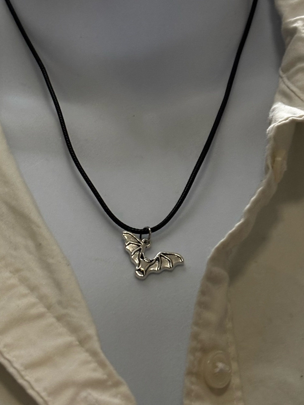 Silver Bat Pendant Necklace on Black Cord - Women Jewelry